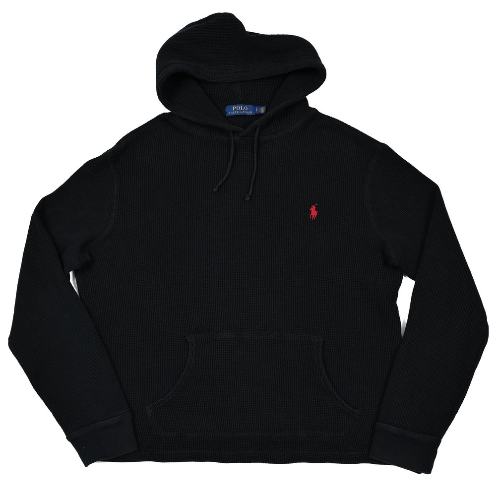 Polo Ralph Lauren Womens Large Black Waffle Knit Pullover Hoodie Kangaroo Pocket